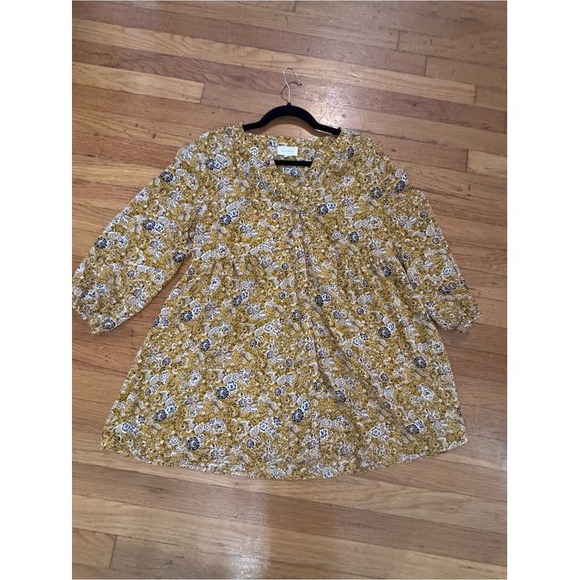 MELLODAY Tops - Melloday Women's Yellow Floral V-Neck 3/4 Sleeve Blouse Size M